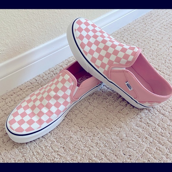 Vans Shoes - Women's Asher SlipOn Sneakers Pink/White Checkered